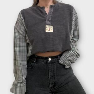 Reworked Upcycled Henley Redhead Gray Long Sleeved Flannel Shirt